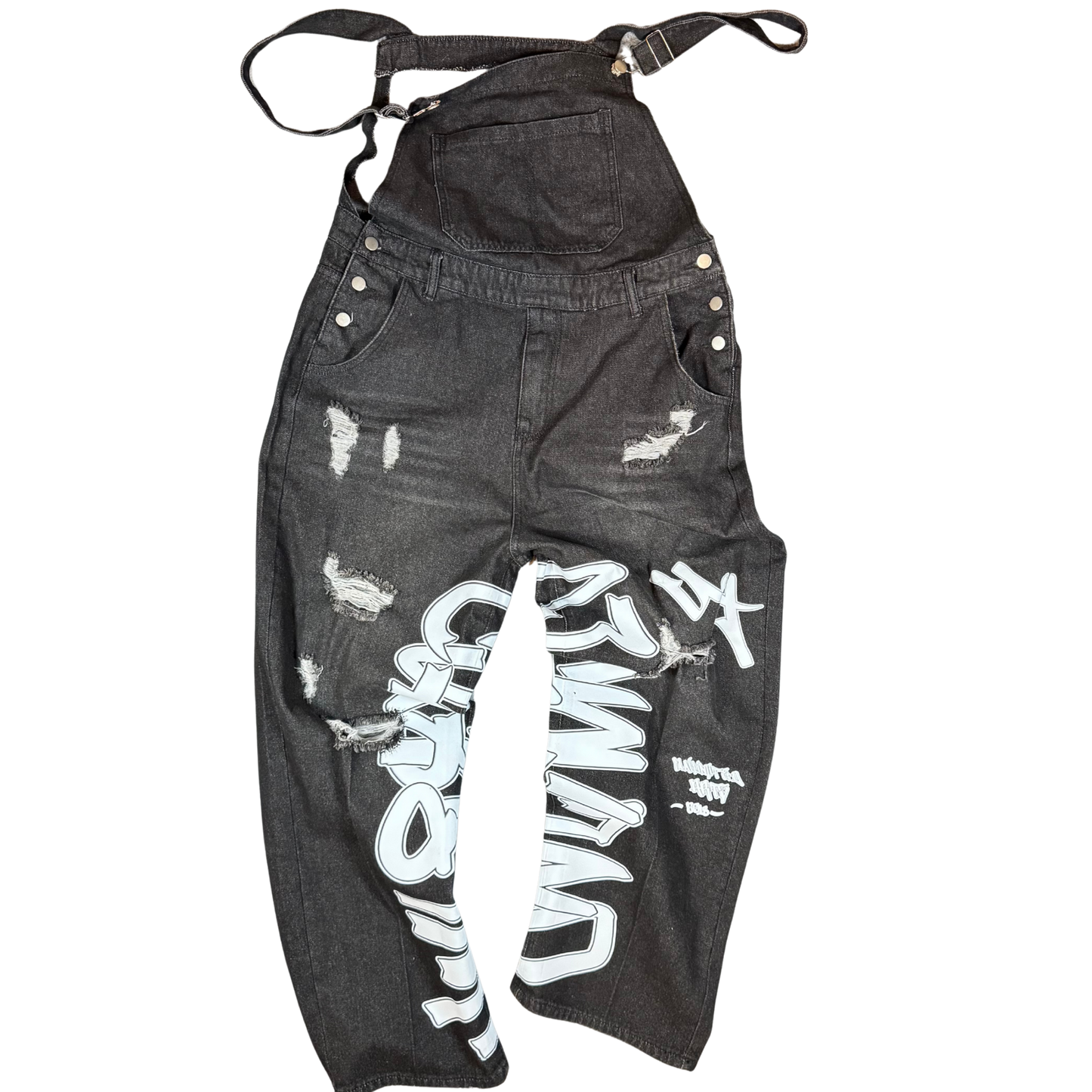 Black distressed BeArt overalls shown from the back with a large graffiti-style “BeArt” chest graphic and oversized Unlimited Arts print down the leg.