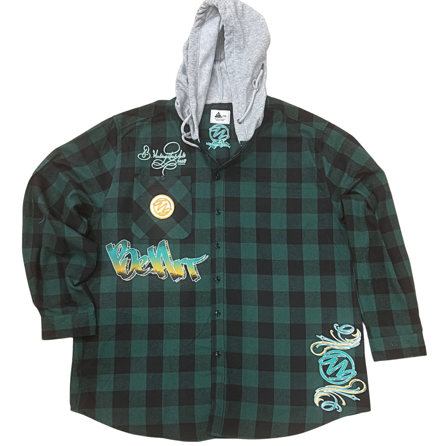 BeArt Green and Black Buffalo Plaid Flannel with Hood