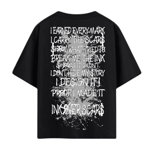 Ink Over Scars black oversized t-shirt with gray ink graphic detail minimal streetwear front view