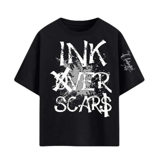 Ink Over Scars black oversized t-shirt with gray ink graphic detail minimal streetwear front view
