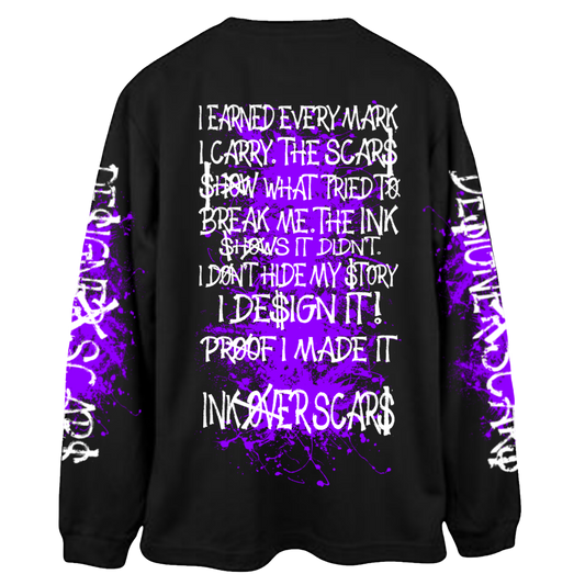 Ink Over Scars black and purple oversized long sleeve t-shirt streetwear back view
