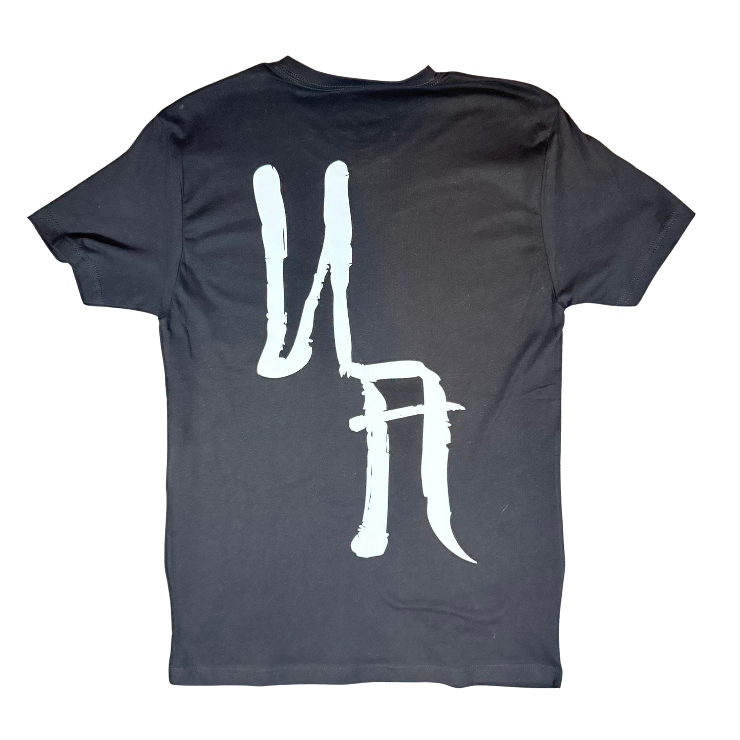 Black t-shirt with a white abstract design on the back against a white background