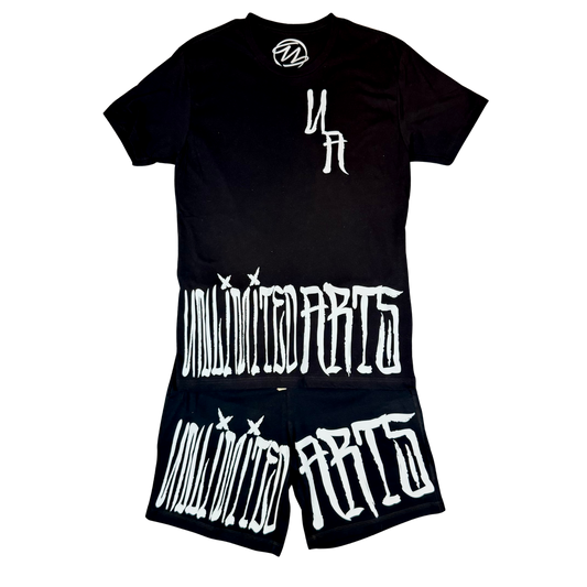 Black t-shirt and shorts set with white text on a white background