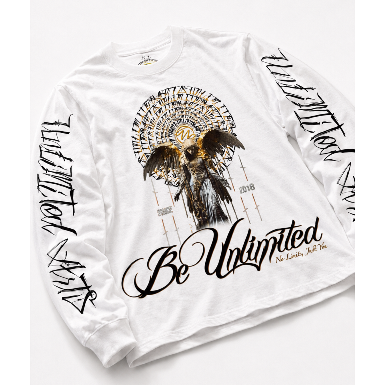 Long sleeve white tee with angel statue on the front the reads Be Unlimited in a calligraphy font
