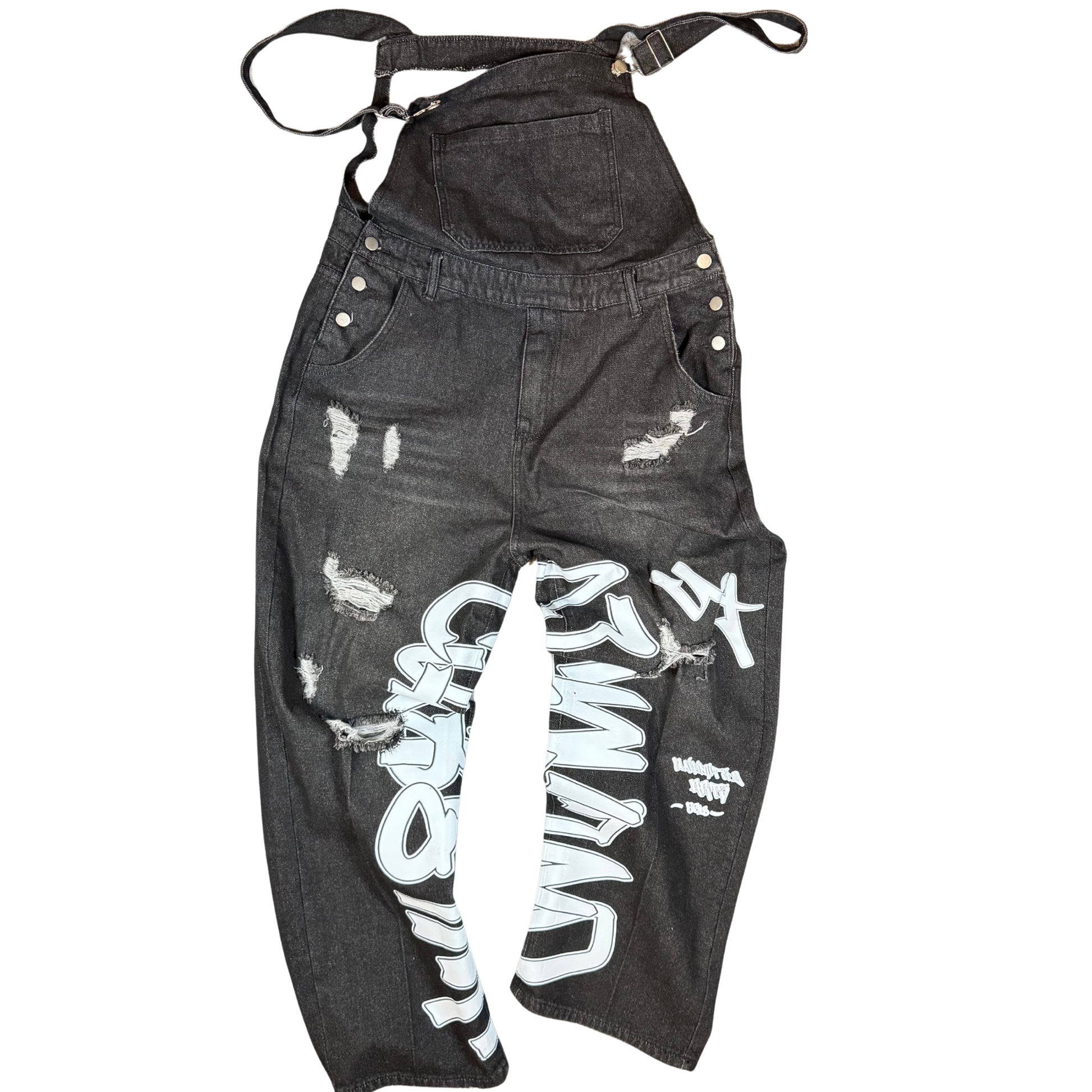 Black distressed BeArt overalls shown from the back with a large graffiti-style “BeArt” chest graphic and oversized Unlimited Arts print down the leg.