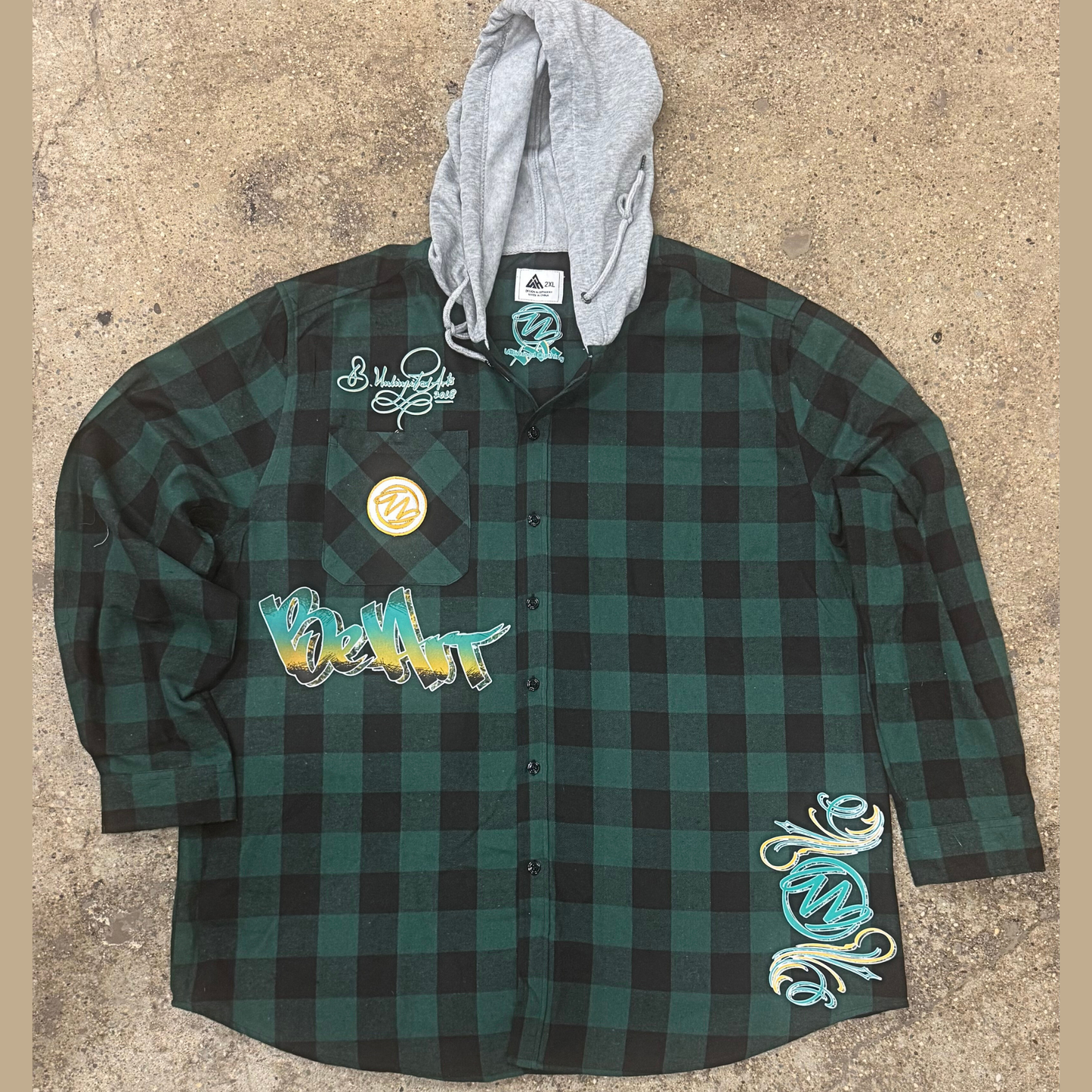 BeArt Green and Black Buffalo Plaid Flannel with Hood