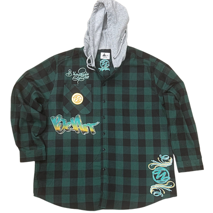 BeArt Green and Black Buffalo Plaid Flannel with Hood