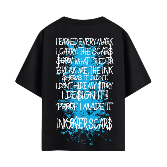 Ink Over Scars black oversized t-shirt with blue ink graphic detail relaxed streetwear fit front view
