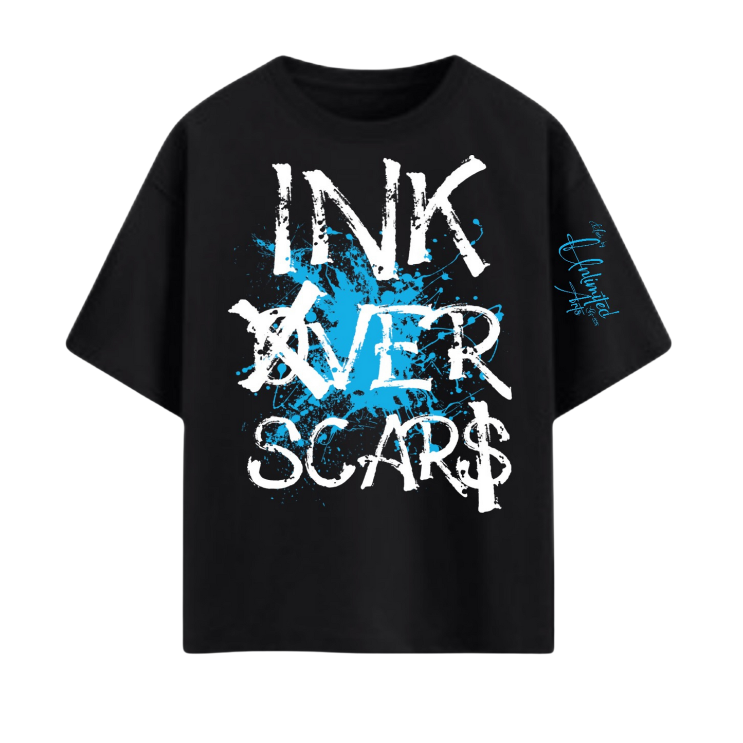 Ink Over Scars black oversized t-shirt with blue ink graphic detail relaxed streetwear fit front view