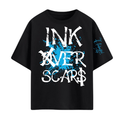 Ink Over Scars black oversized t-shirt with blue ink graphic detail relaxed streetwear fit front view