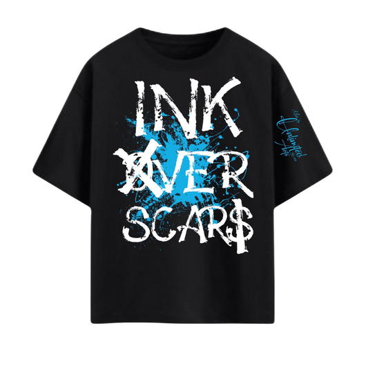 Ink Over Scars black oversized t-shirt with blue ink graphic detail relaxed streetwear fit front view
