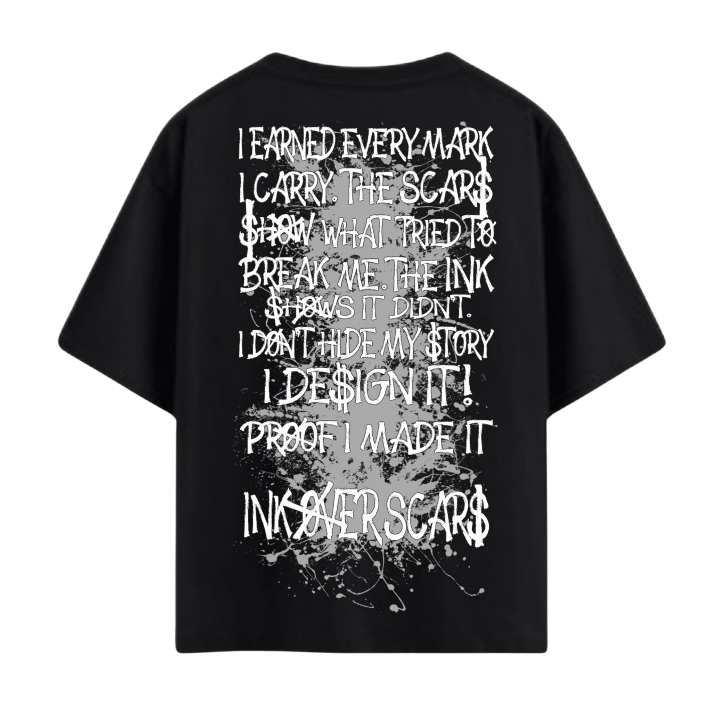 Ink Over Scars black oversized t-shirt with gray ink graphic detail minimal streetwear front view
