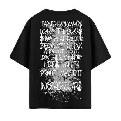 Ink Over Scars black oversized t-shirt with gray ink graphic detail minimal streetwear front view