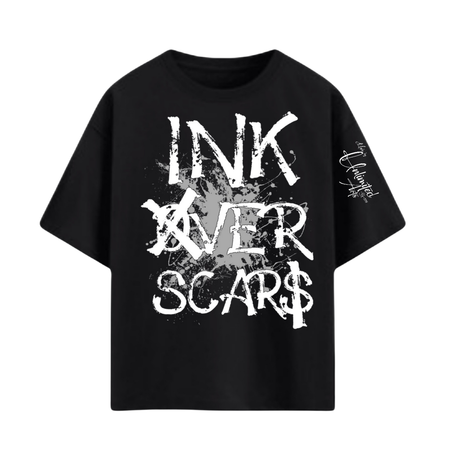 Ink Over Scars black oversized t-shirt with gray ink graphic detail minimal streetwear front view