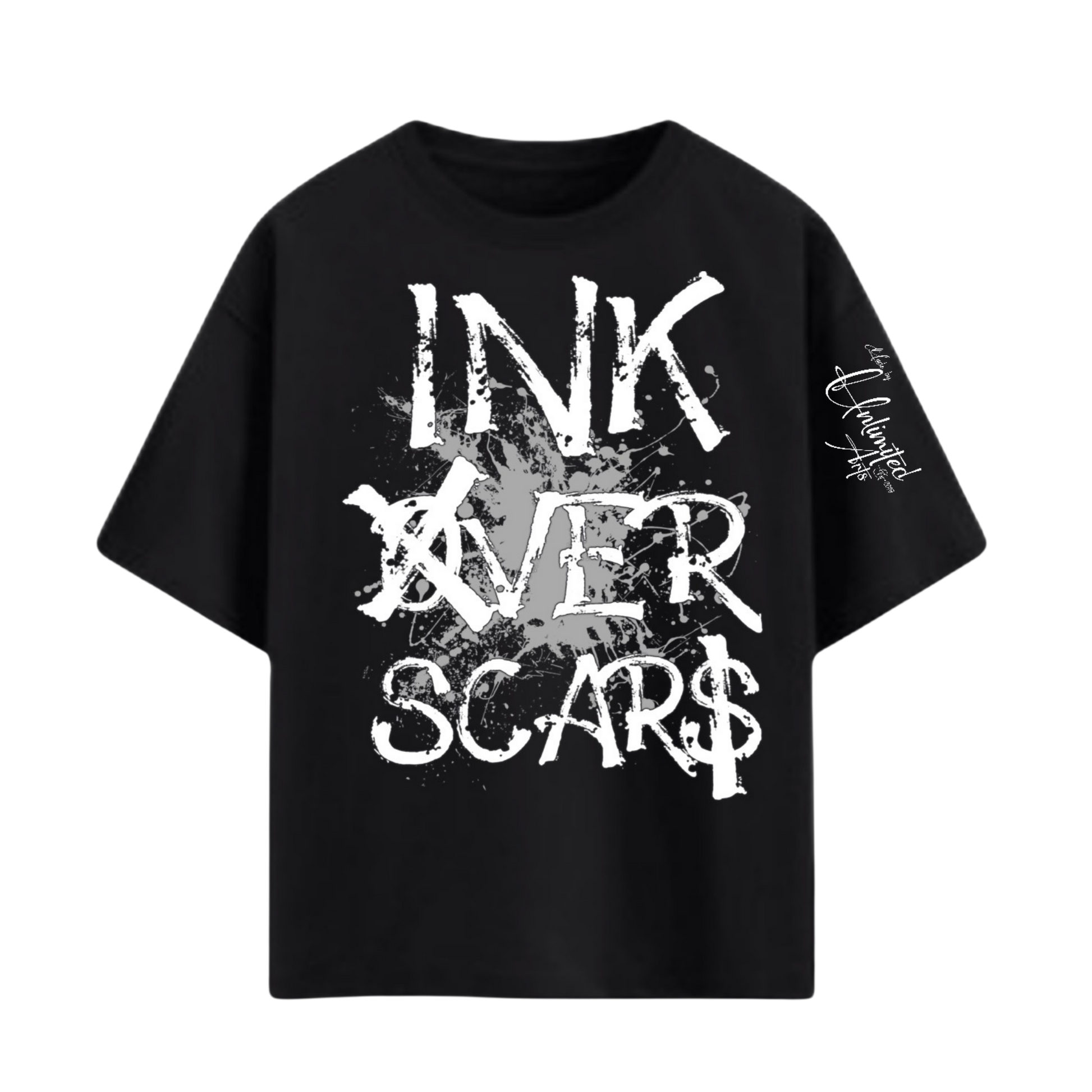 Ink Over Scars black oversized t-shirt with gray ink graphic detail minimal streetwear front view