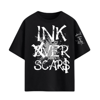 Ink Over Scars black oversized t-shirt with gray ink graphic detail minimal streetwear front view