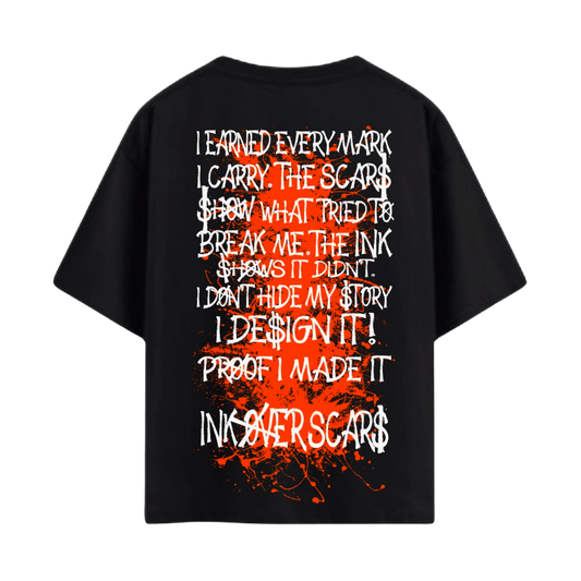 Ink Over Scars oversized tee black orange ink detail back print