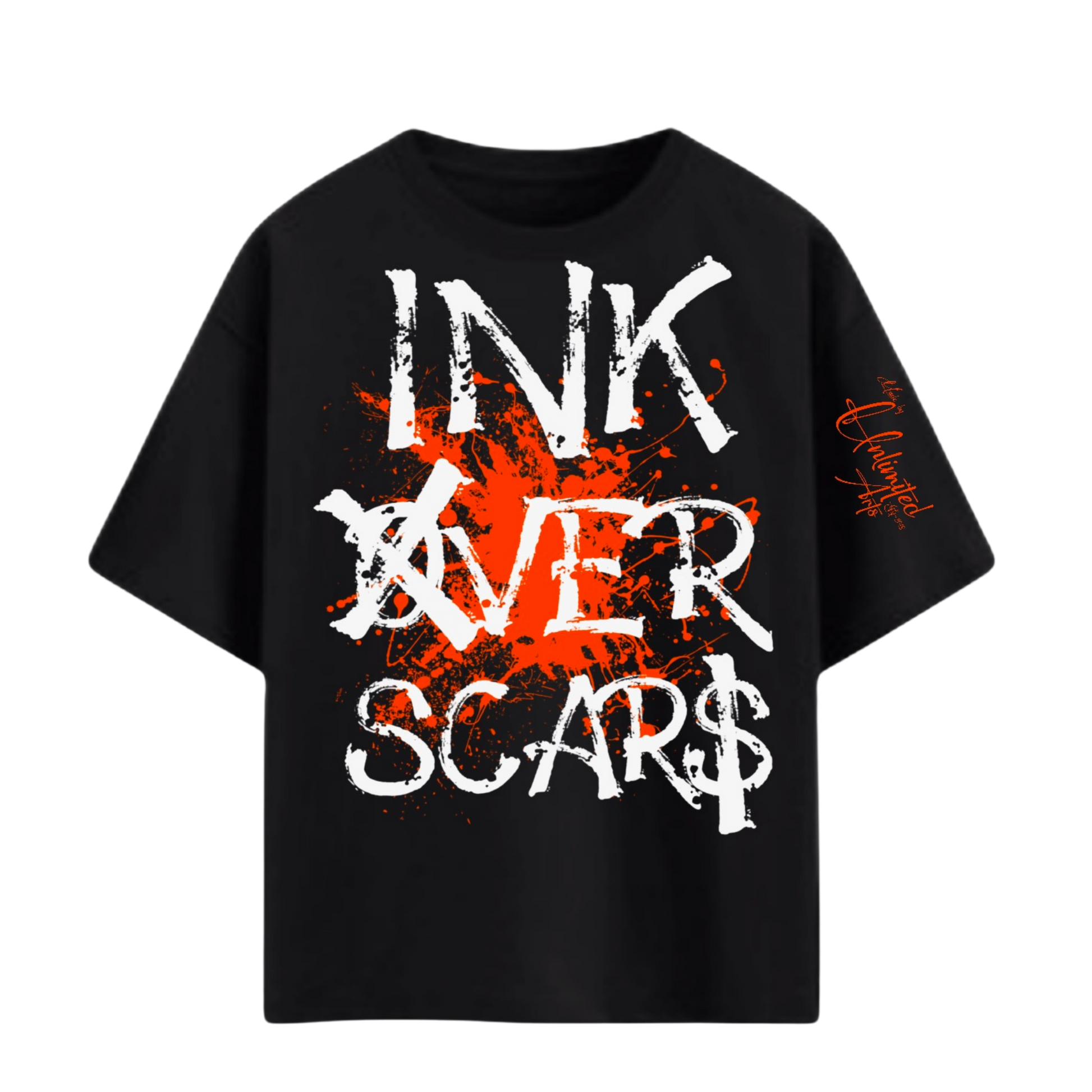 close up orange ink graphic on black oversized Ink Over Scars t-shirt