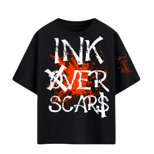 close up orange ink graphic on black oversized Ink Over Scars t-shirt
