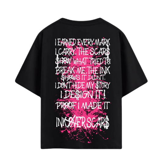 Ink Over Scars black oversized t-shirt with pink ink graphic detail expressive streetwear front view