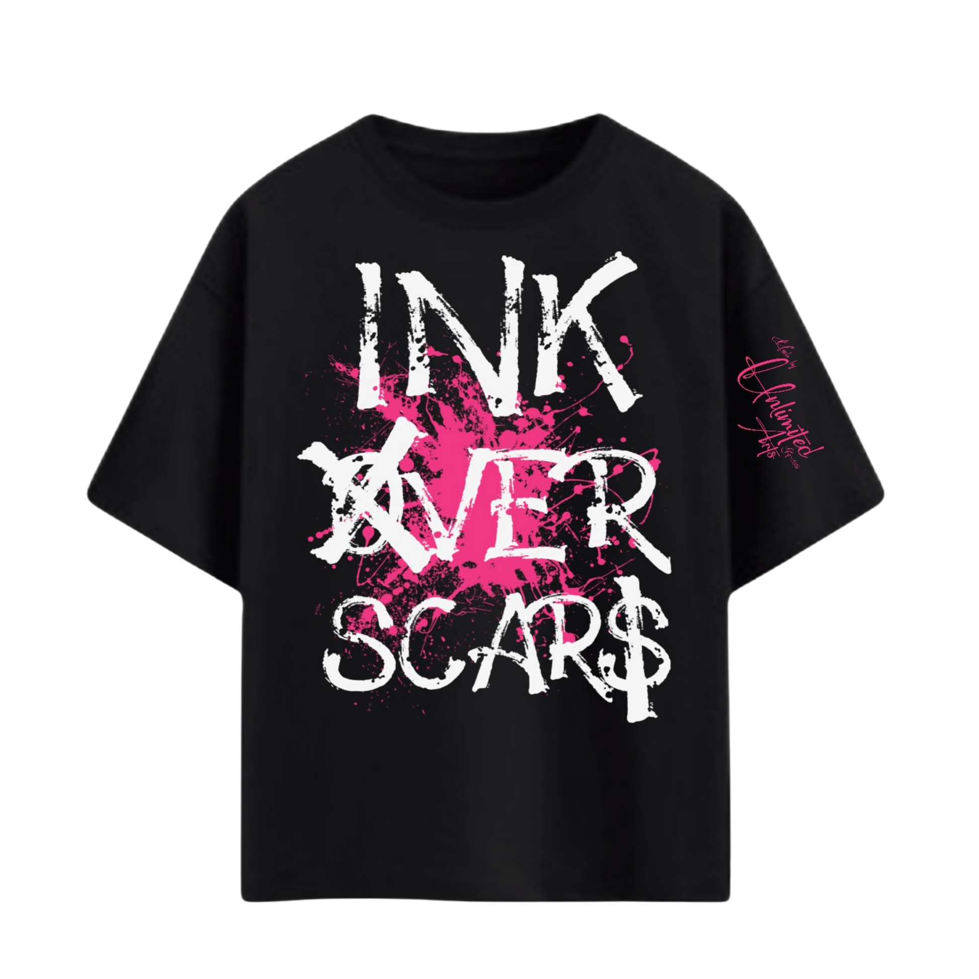 Ink Over Scars black oversized t-shirt with pink ink graphic detail expressive streetwear front view