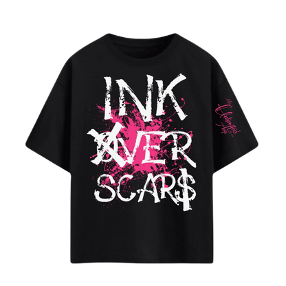 Ink Over Scars black oversized t-shirt with pink ink graphic detail expressive streetwear front view