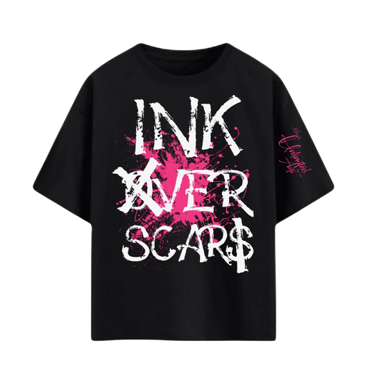 Ink Over Scars black oversized t-shirt with pink ink graphic detail expressive streetwear front view