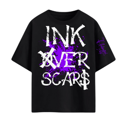 black oversized t-shirt purple graphic streetwear