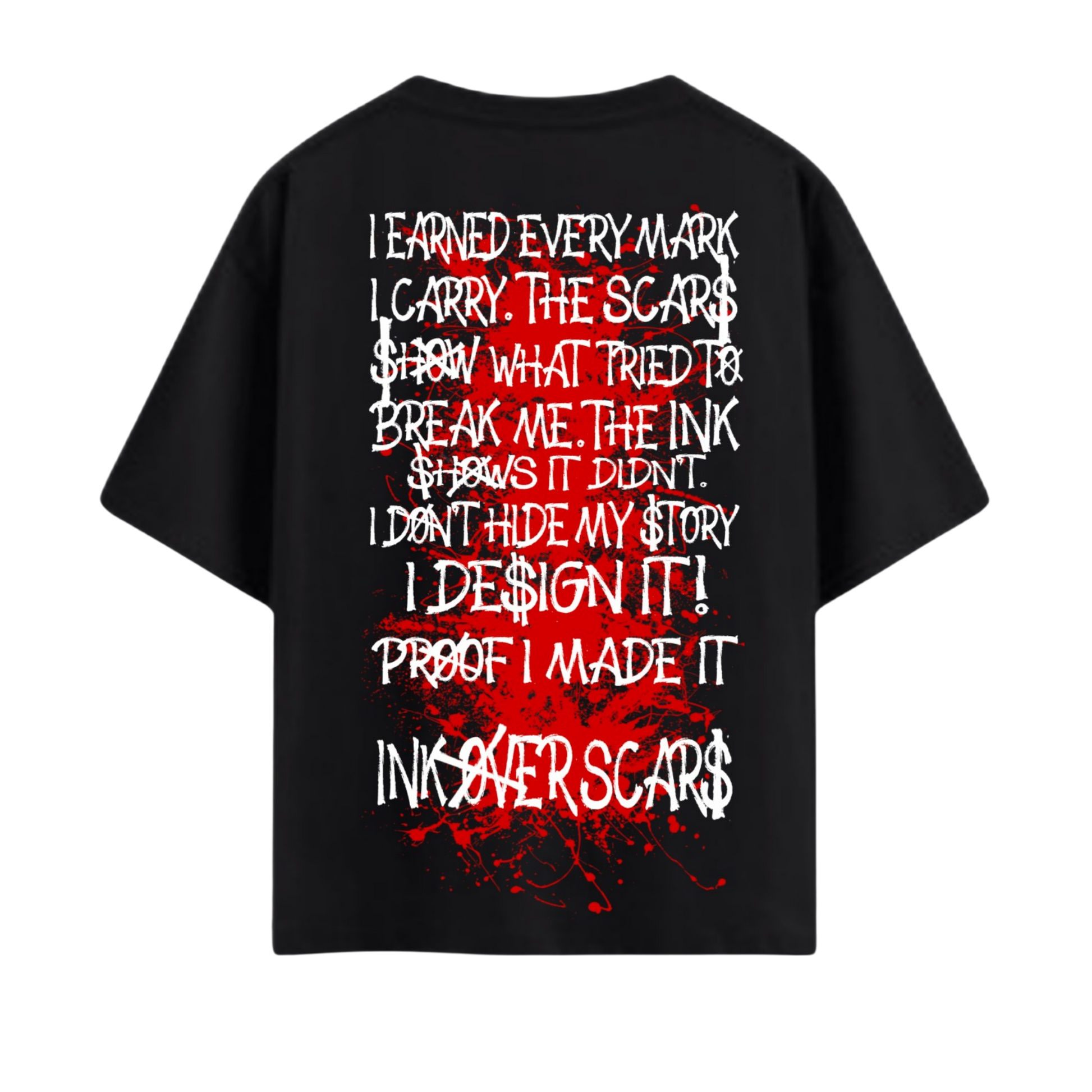 Ink Over Scars black oversized t-shirt with red ink graphic detail bold streetwear front view
