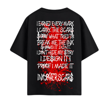 Ink Over Scars black oversized t-shirt with red ink graphic detail bold streetwear front view
