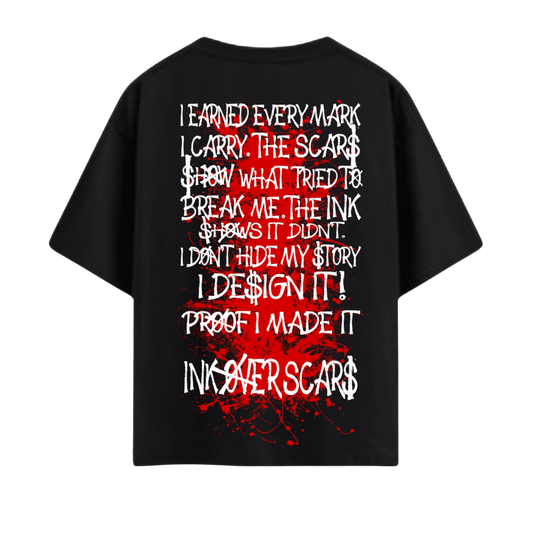 Ink Over Scars black oversized t-shirt with red ink graphic detail bold streetwear front view