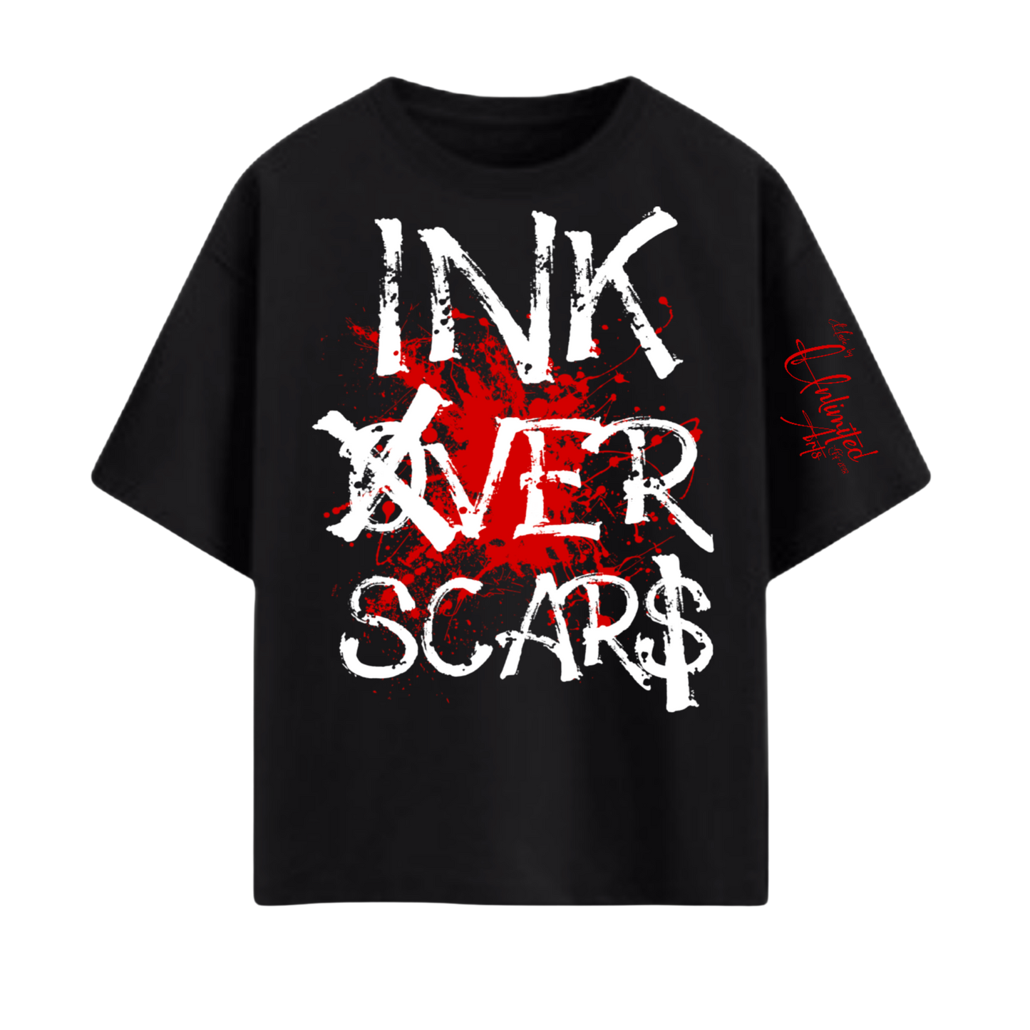 Ink Over Scars black oversized t-shirt with red ink graphic detail bold streetwear front view