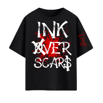 Ink Over Scars black oversized t-shirt with red ink graphic detail bold streetwear front view