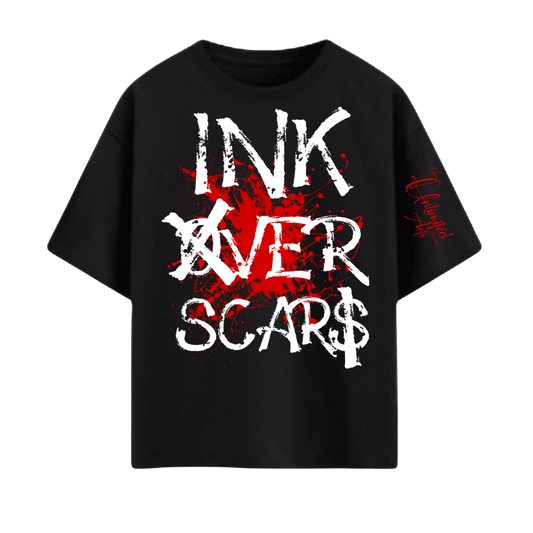 Ink Over Scars black oversized t-shirt with red ink graphic detail bold streetwear front view