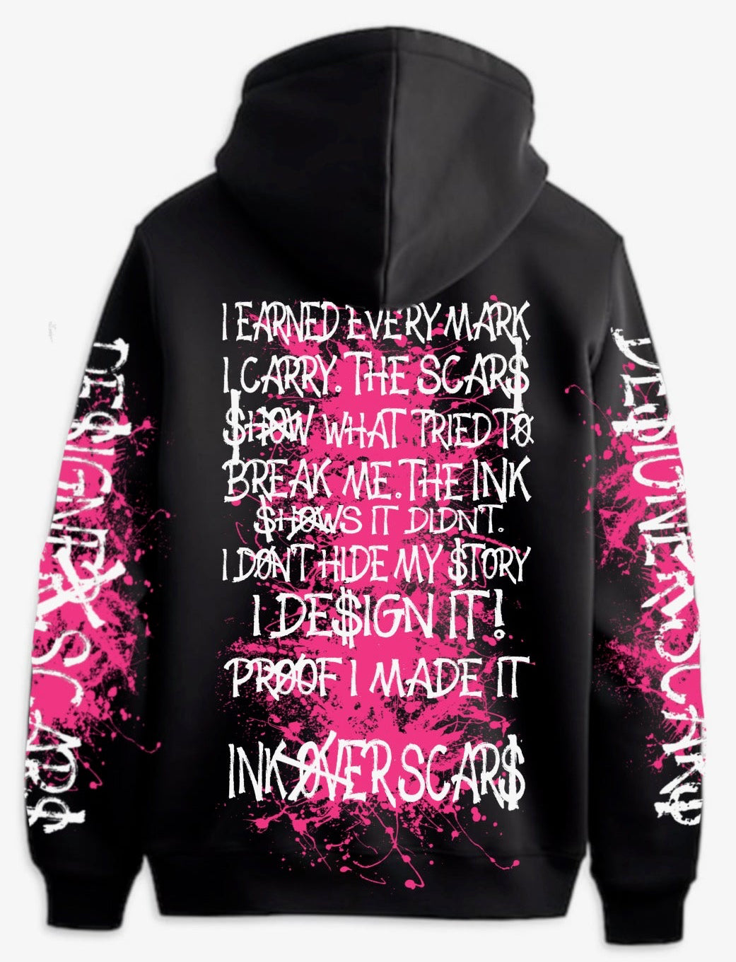 Black hoodie with pink and white text on sleeves and back against a white background