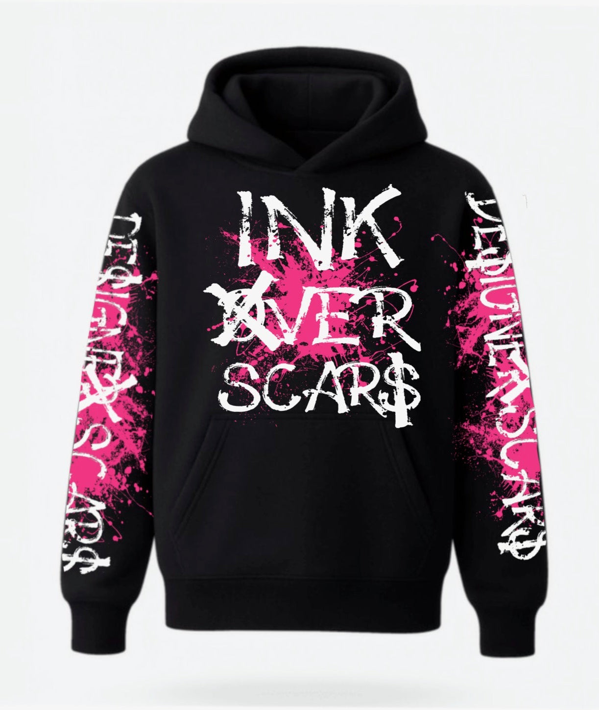 Black hoodie with pink and white text design on a white background