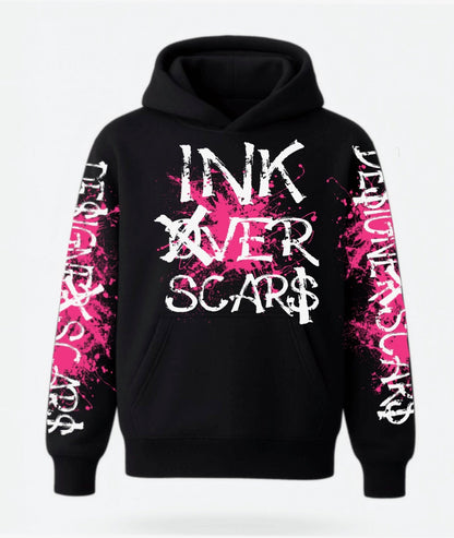 Black hoodie with pink and white text design on a white background