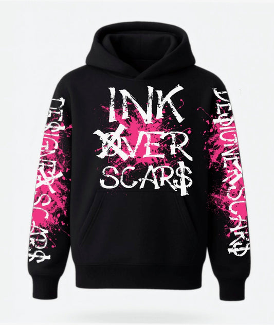 Black hoodie with pink and white text design on a white background