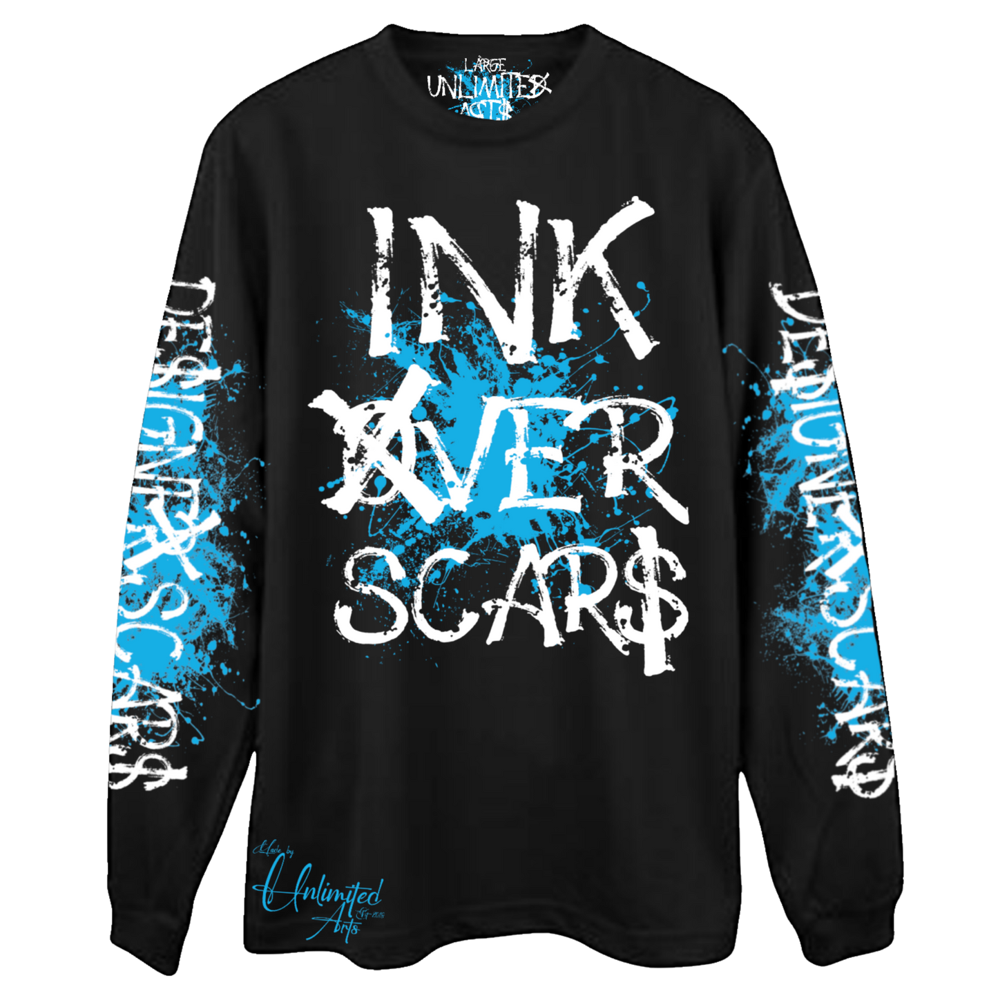 Ink Over Scars black and blue oversized long sleeve t-shirt relaxed streetwear front view