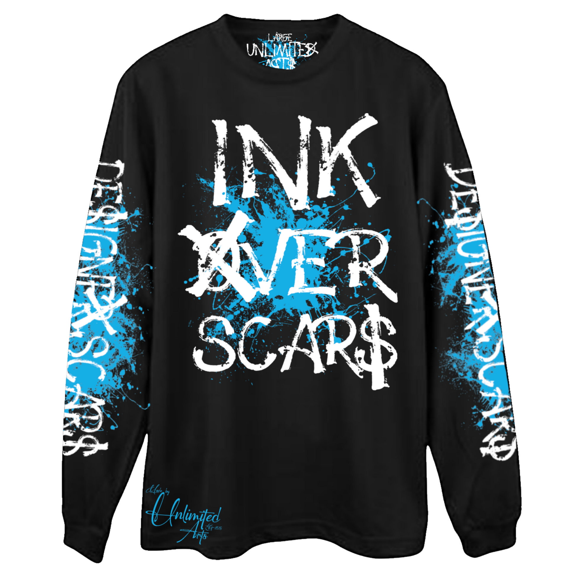 Ink Over Scars black and blue oversized long sleeve t-shirt relaxed streetwear front view