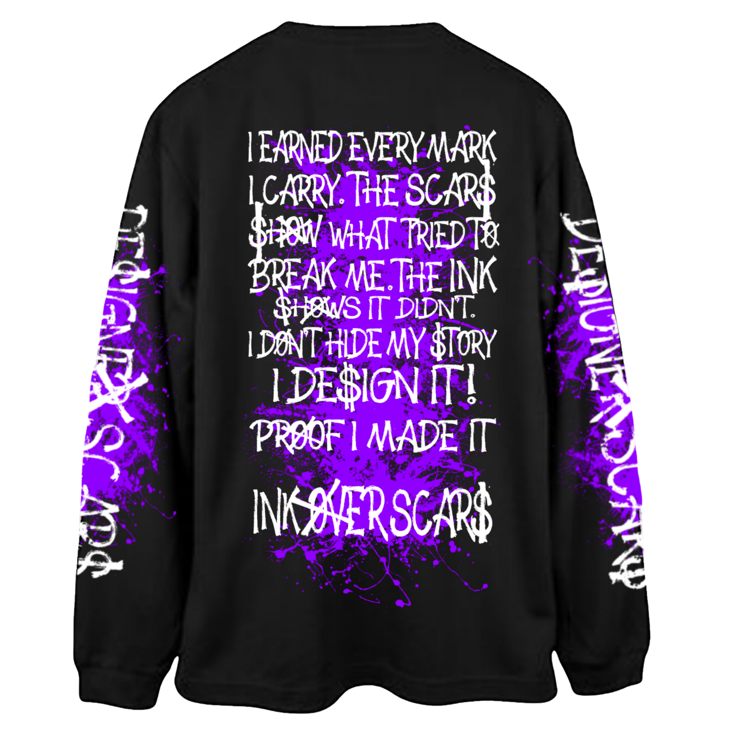 Ink Over Scars black and purple oversized long sleeve t-shirt streetwear back view