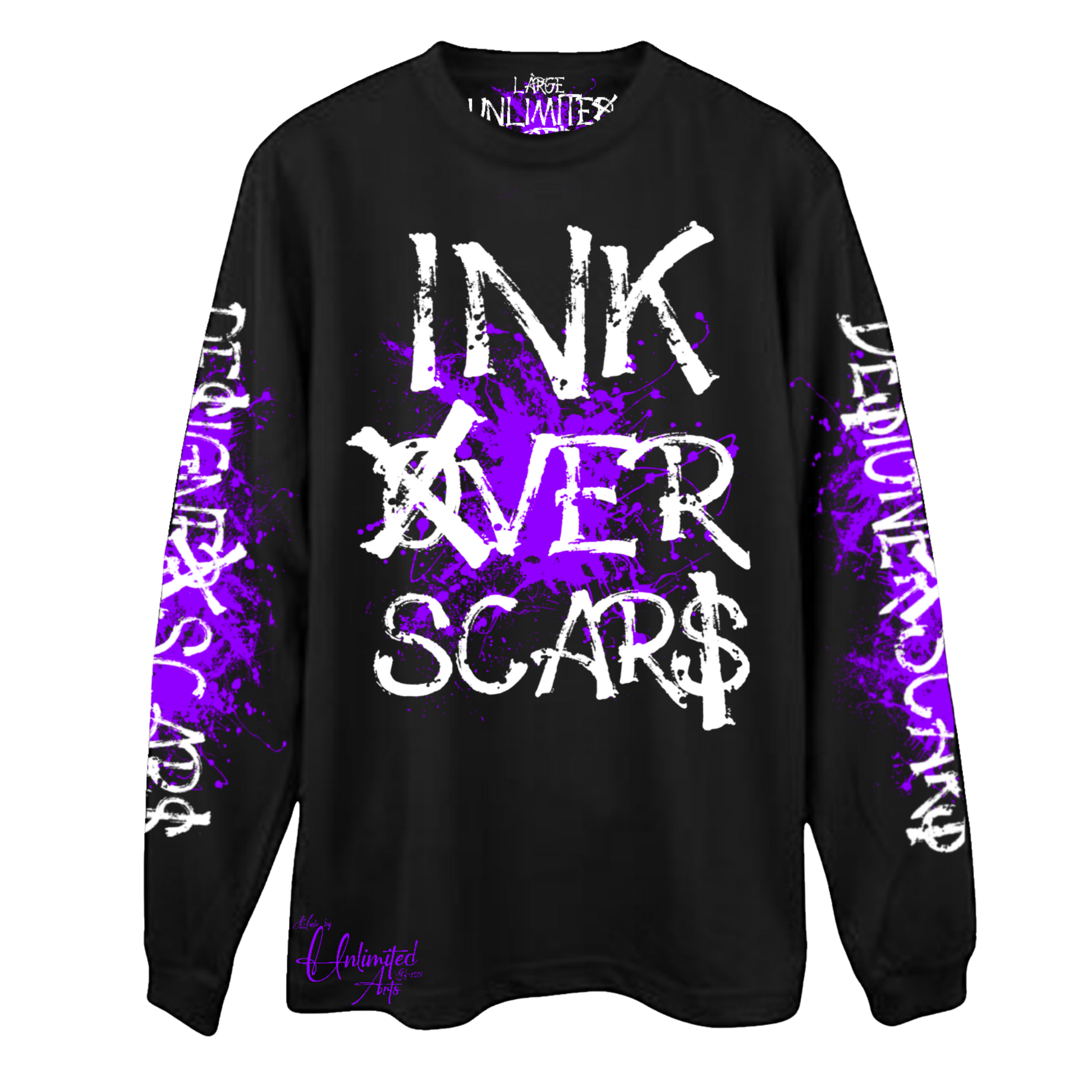 Ink Over Scars black and purple oversized long sleeve t-shirt streetwear front view