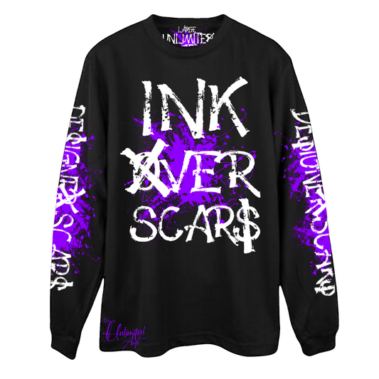 Ink Over Scars black and purple oversized long sleeve t-shirt streetwear front view