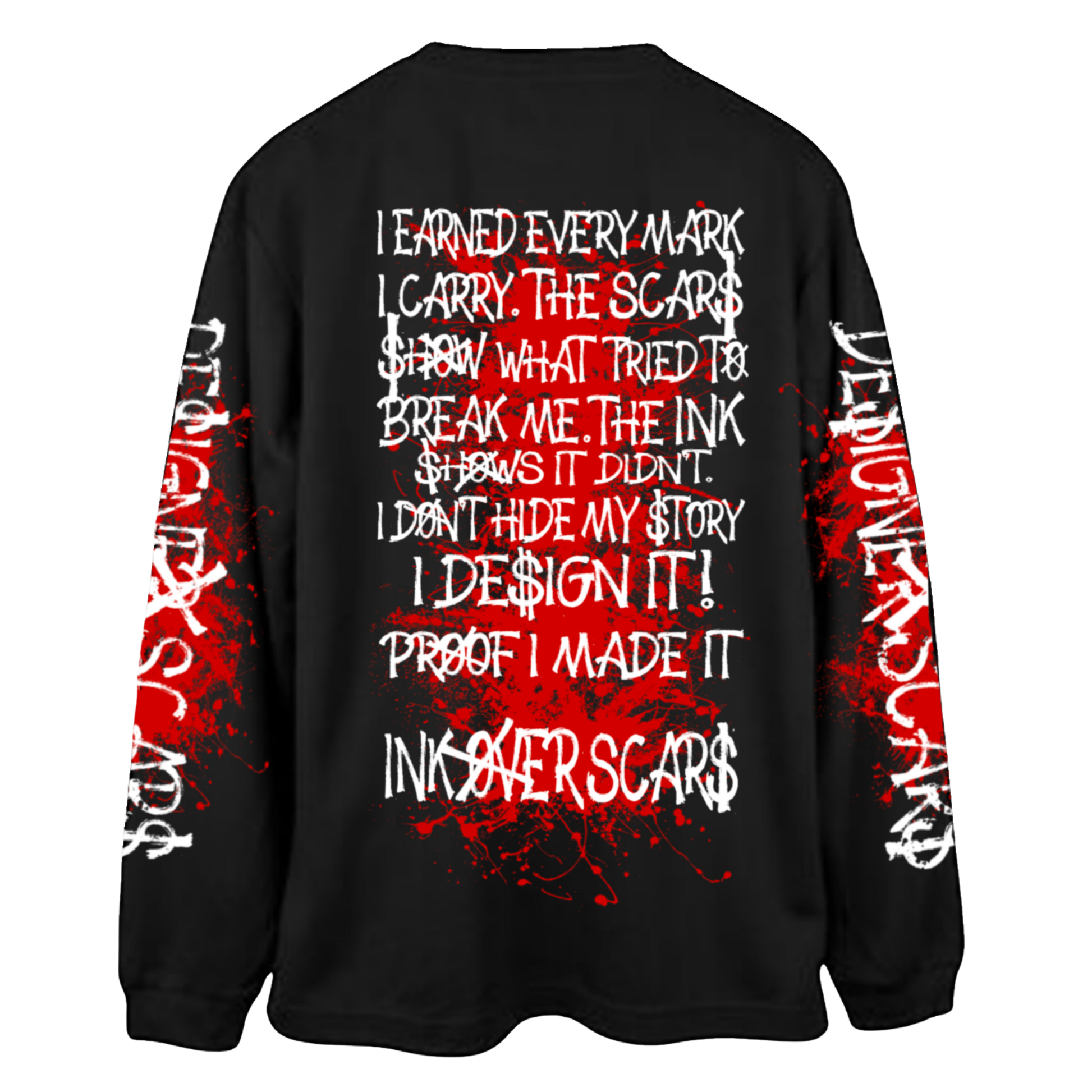 Ink Over Scars black and red oversized long sleeve t-shirt bold streetwear back view