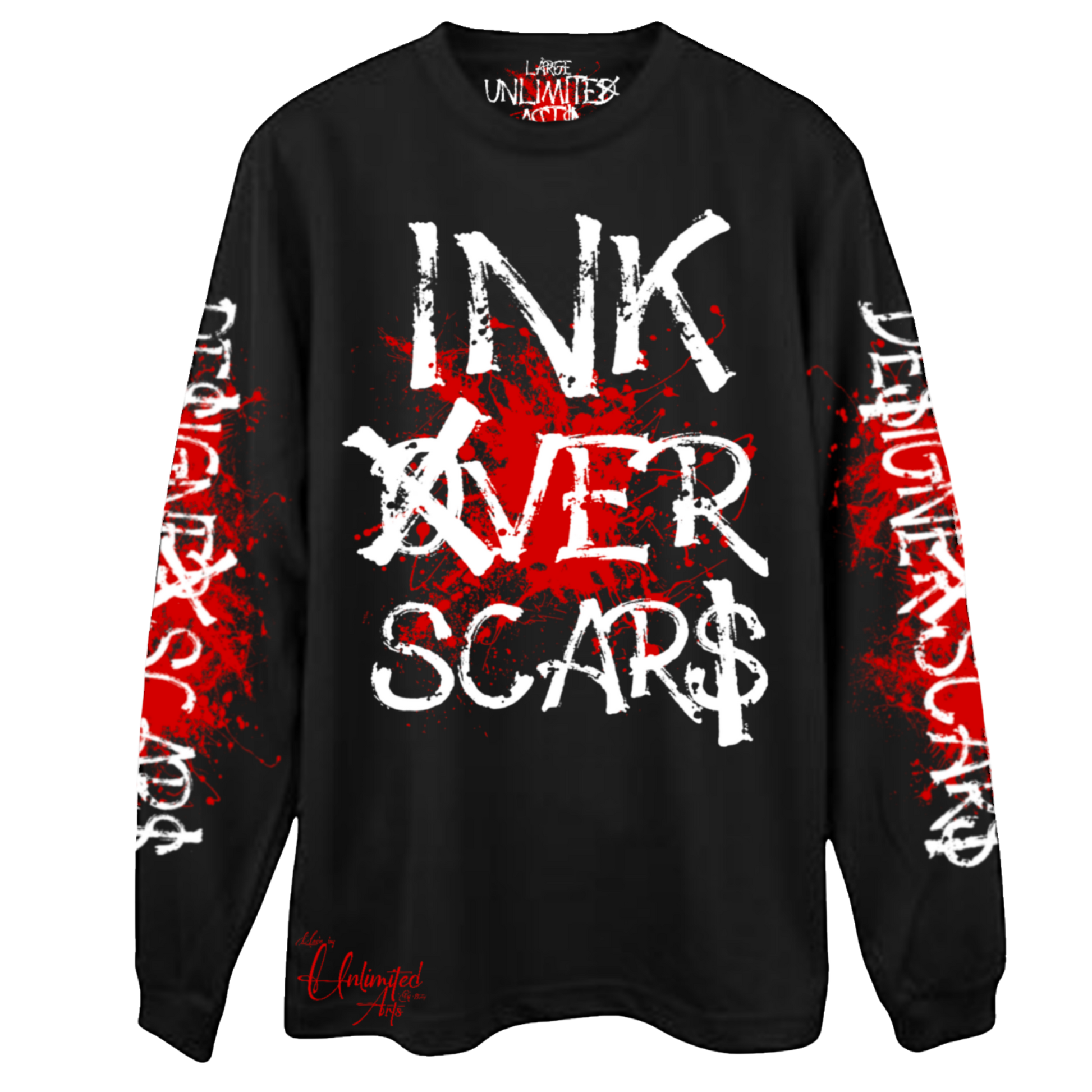 Ink Over Scars black and red oversized long sleeve t-shirt bold streetwear front view