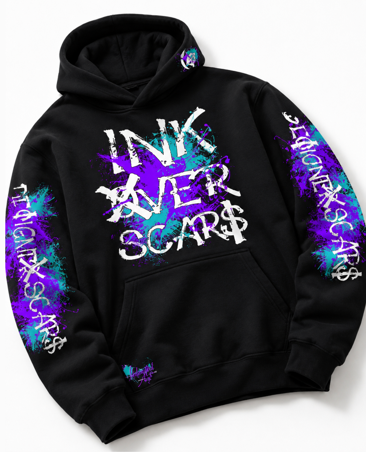 A black pullover hoodie with a front kangaroo pocket, featuring a large distressed white graphic on the chest that reads 'INK OVER SCAR$' over a purple and blue paint splatter design. The sleeves also feature vertical white text reading 'INK OVER SCAR$' integrated with matching purple and blue splatters.