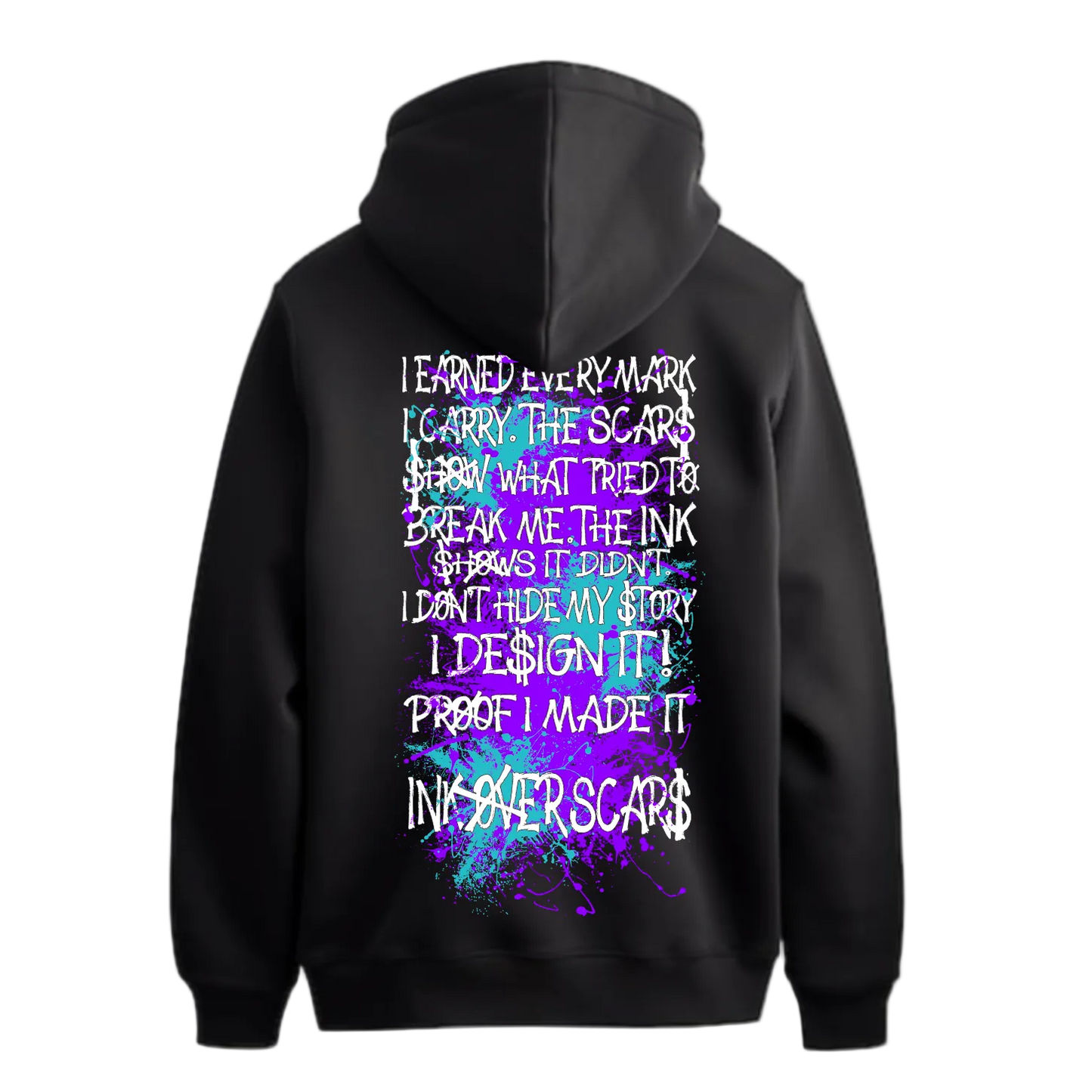 Black hoodie with colorful text design on the back against a white background
