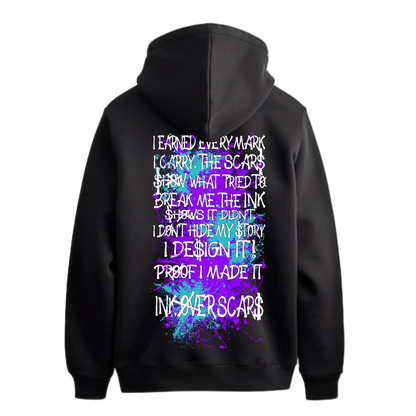 Black hoodie with colorful text design on the back against a white background