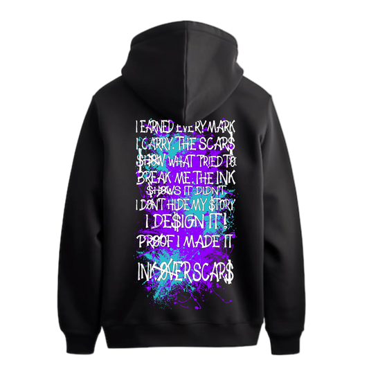 Black hoodie with colorful text design on the back against a white background