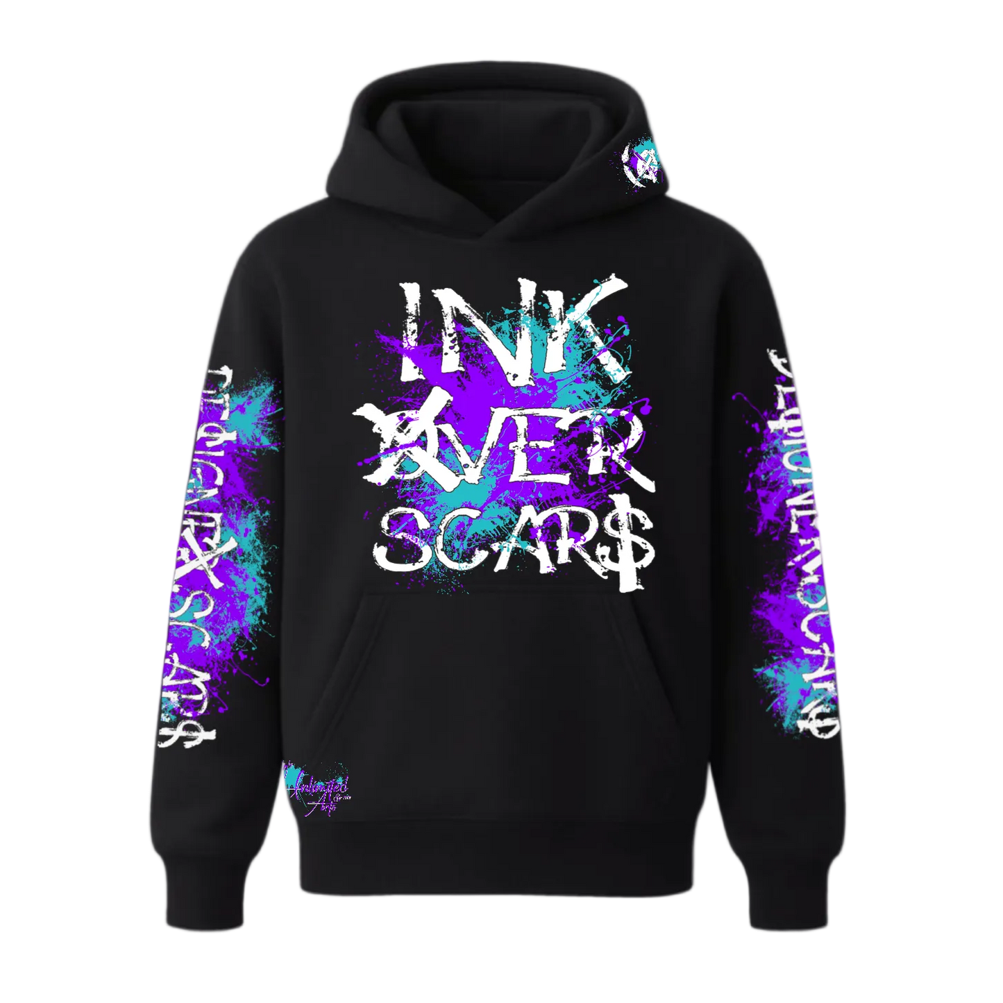 Black hoodie with 'INK OVER SCARS' text and colorful designs on sleeves against a white background